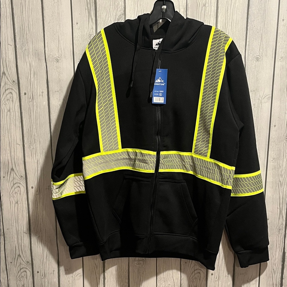 NWT Kingston Men's Black with Fluorescent safety striped Zip Hoodie Jacket XL